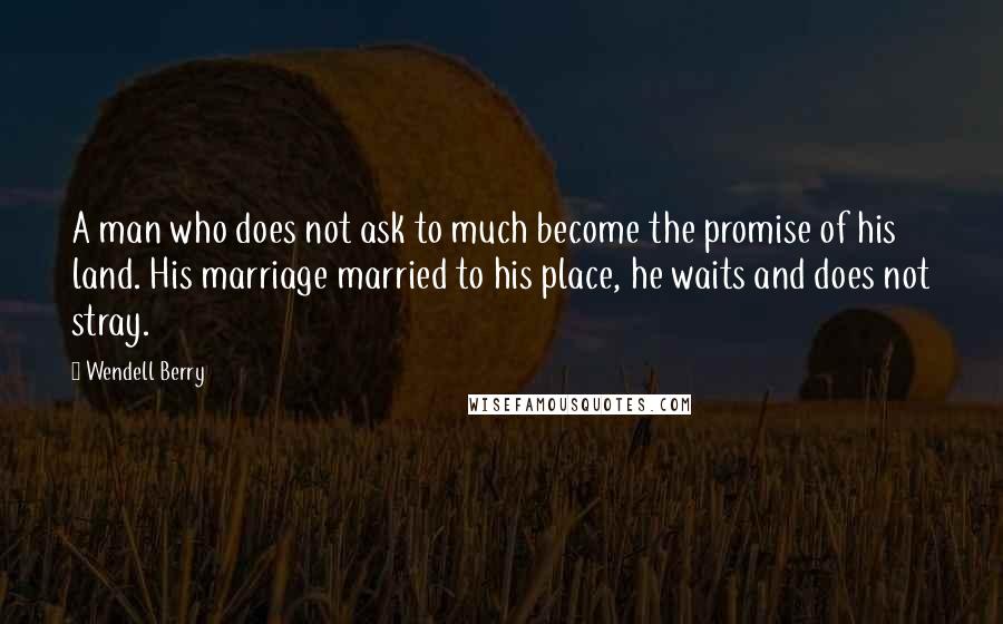 Wendell Berry Quotes: A man who does not ask to much become the promise of his land. His marriage married to his place, he waits and does not stray.