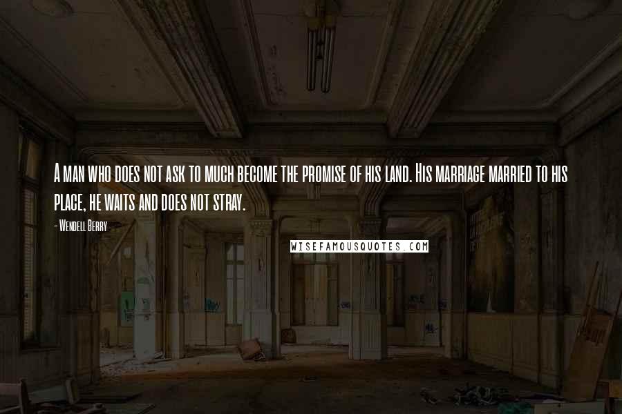 Wendell Berry Quotes: A man who does not ask to much become the promise of his land. His marriage married to his place, he waits and does not stray.