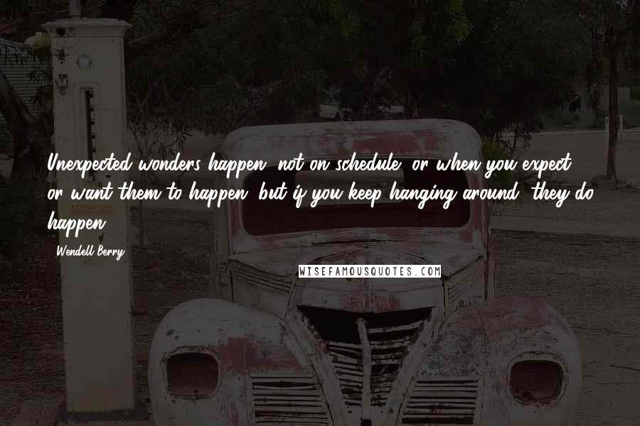 Wendell Berry Quotes: Unexpected wonders happen, not on schedule, or when you expect or want them to happen, but if you keep hanging around, they do happen.