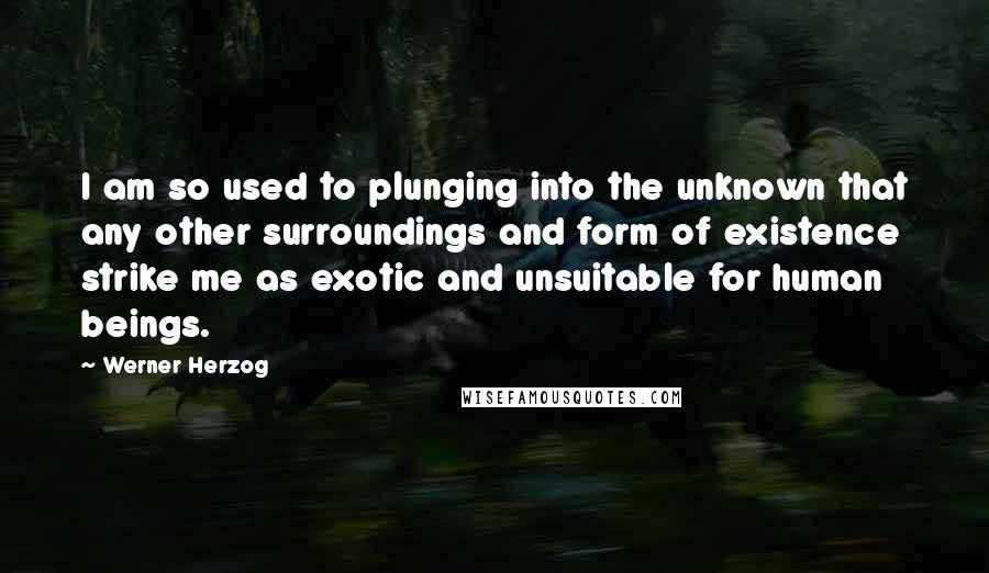 Werner Herzog Quotes: I am so used to plunging into the unknown that any other surroundings and form of existence strike me as exotic and unsuitable for human beings.