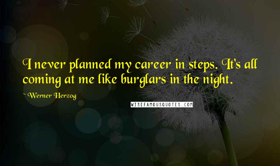 Werner Herzog Quotes: I never planned my career in steps. It's all coming at me like burglars in the night.