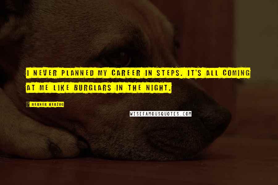 Werner Herzog Quotes: I never planned my career in steps. It's all coming at me like burglars in the night.