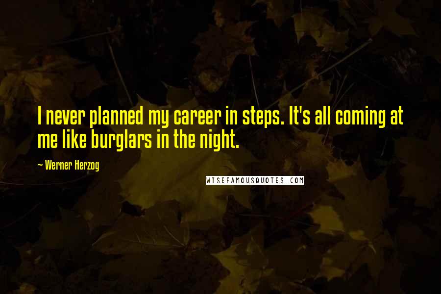Werner Herzog Quotes: I never planned my career in steps. It's all coming at me like burglars in the night.