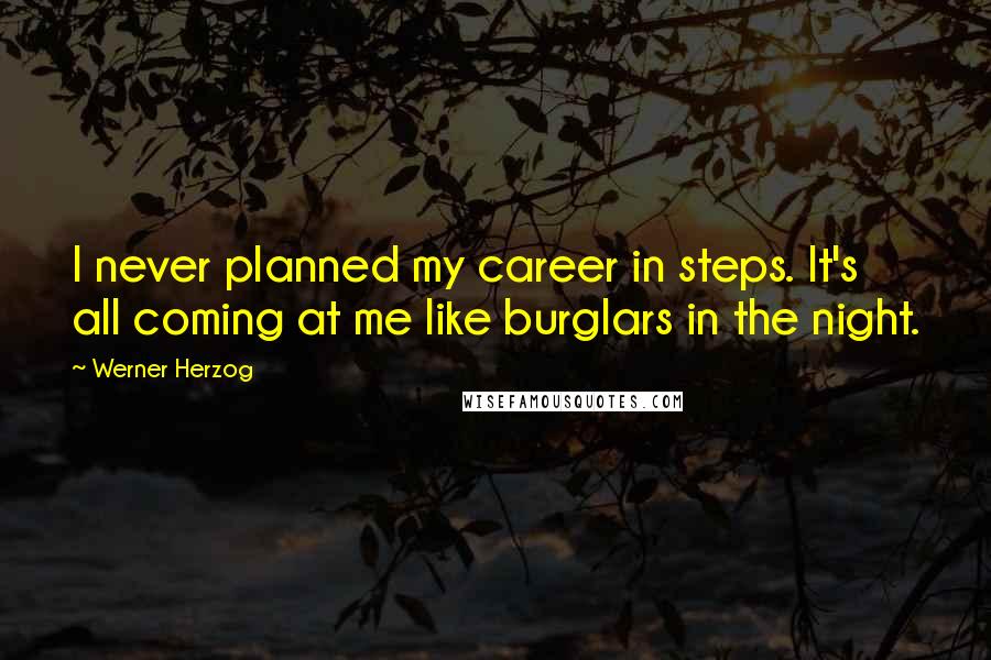Werner Herzog Quotes: I never planned my career in steps. It's all coming at me like burglars in the night.