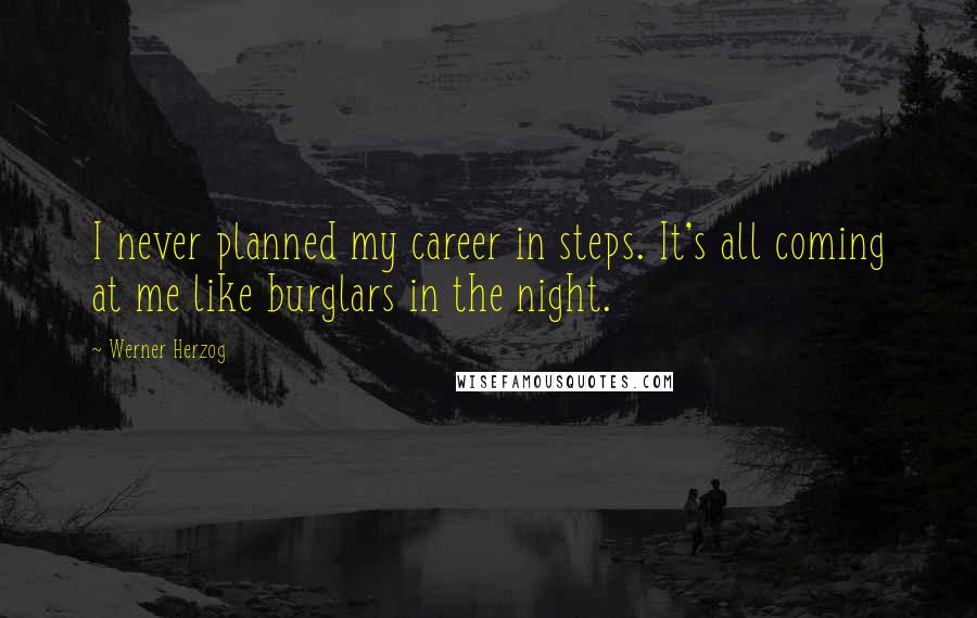 Werner Herzog Quotes: I never planned my career in steps. It's all coming at me like burglars in the night.