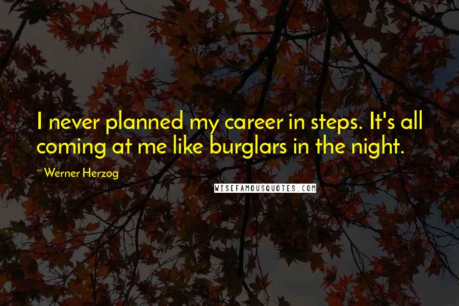 Werner Herzog Quotes: I never planned my career in steps. It's all coming at me like burglars in the night.