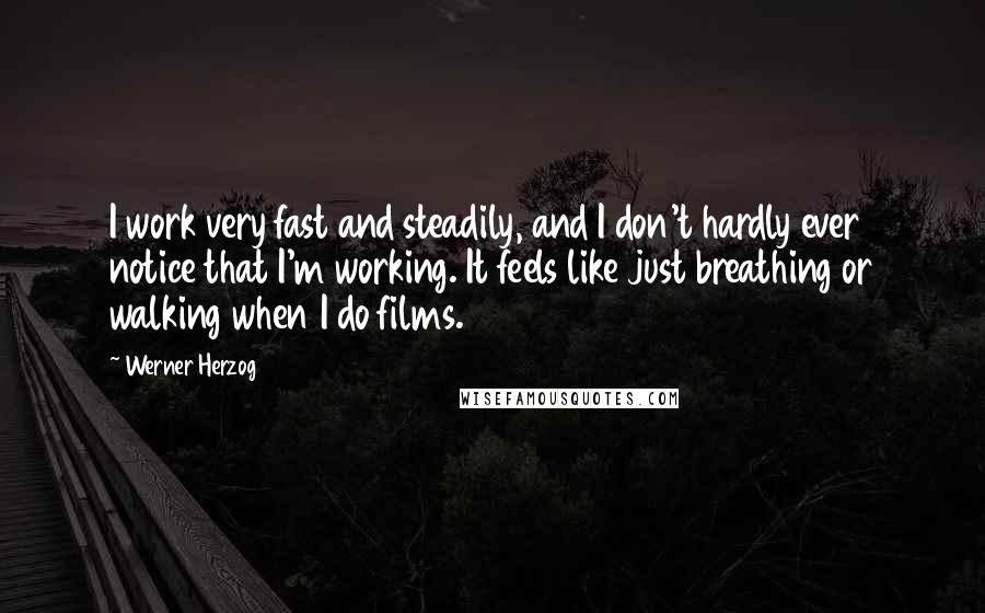 Werner Herzog Quotes: I work very fast and steadily, and I don't hardly ever notice that I'm working. It feels like just breathing or walking when I do films.