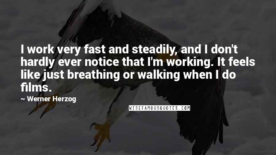 Werner Herzog Quotes: I work very fast and steadily, and I don't hardly ever notice that I'm working. It feels like just breathing or walking when I do films.