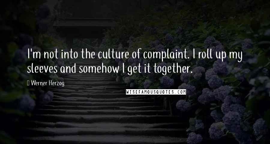 Werner Herzog Quotes: I'm not into the culture of complaint. I roll up my sleeves and somehow I get it together.