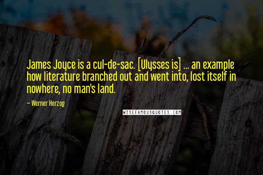 Werner Herzog Quotes: James Joyce is a cul-de-sac. [Ulysses is] ... an example how literature branched out and went into, lost itself in nowhere, no man's land.