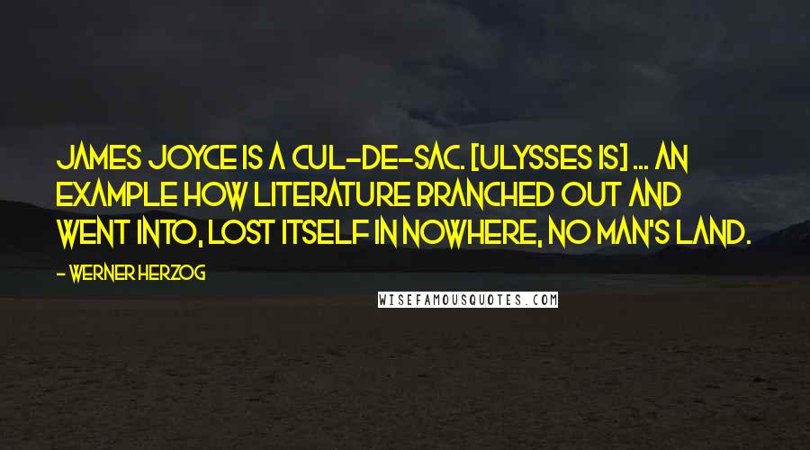 Werner Herzog Quotes: James Joyce is a cul-de-sac. [Ulysses is] ... an example how literature branched out and went into, lost itself in nowhere, no man's land.