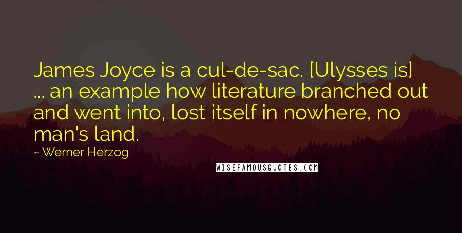Werner Herzog Quotes: James Joyce is a cul-de-sac. [Ulysses is] ... an example how literature branched out and went into, lost itself in nowhere, no man's land.