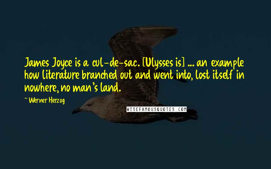 Werner Herzog Quotes: James Joyce is a cul-de-sac. [Ulysses is] ... an example how literature branched out and went into, lost itself in nowhere, no man's land.