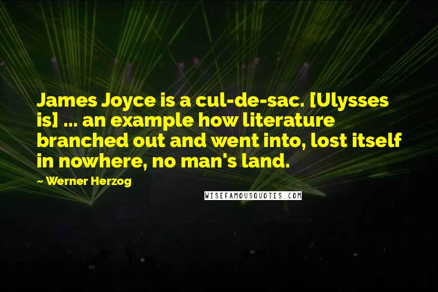 Werner Herzog Quotes: James Joyce is a cul-de-sac. [Ulysses is] ... an example how literature branched out and went into, lost itself in nowhere, no man's land.