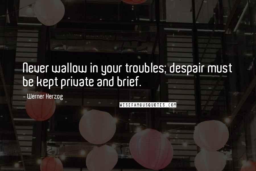 Werner Herzog Quotes: Never wallow in your troubles; despair must be kept private and brief.