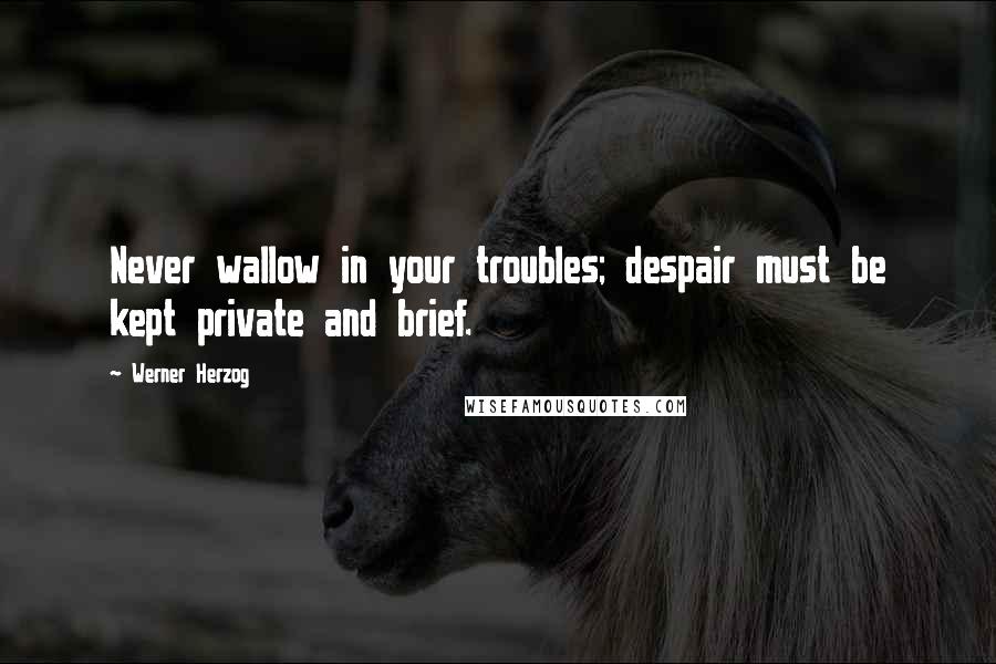Werner Herzog Quotes: Never wallow in your troubles; despair must be kept private and brief.