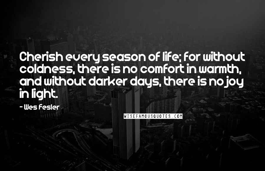 Wes Fesler Quotes: Cherish every season of life; for without coldness, there is no comfort in warmth, and without darker days, there is no joy in light.