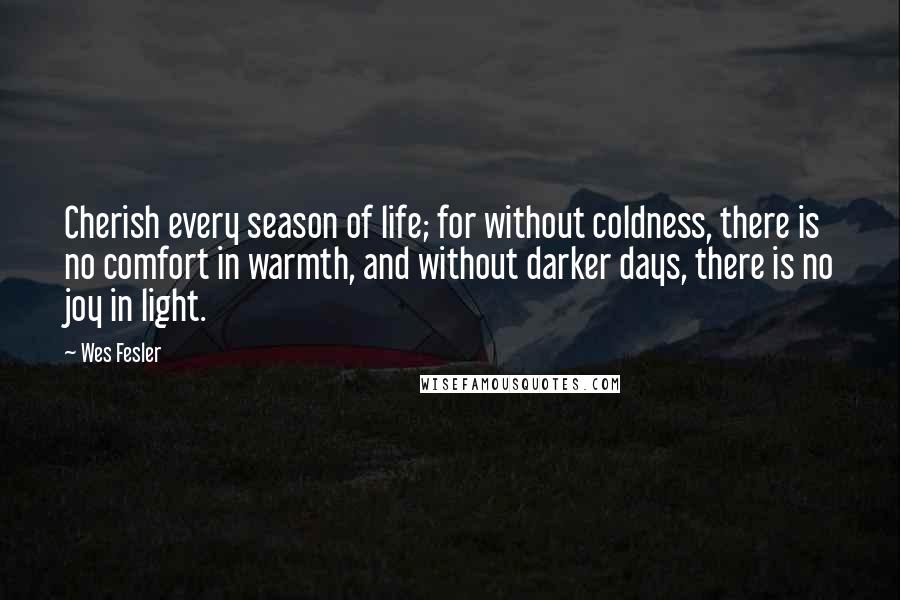Wes Fesler Quotes: Cherish every season of life; for without coldness, there is no comfort in warmth, and without darker days, there is no joy in light.