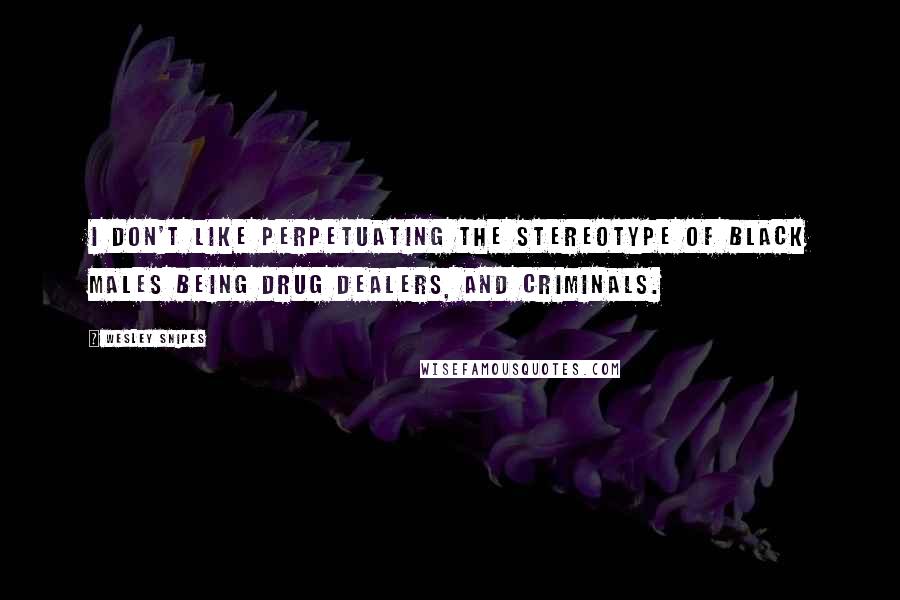 Wesley Snipes Quotes: I don't like perpetuating the stereotype of black males being drug dealers, and criminals.