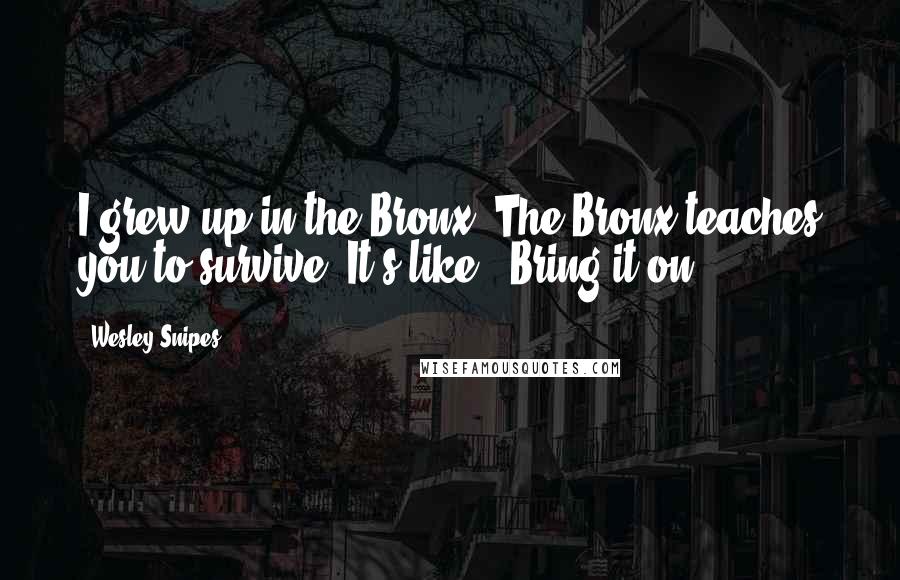 Wesley Snipes Quotes: I grew up in the Bronx. The Bronx teaches you to survive. It's like, 'Bring it on!'