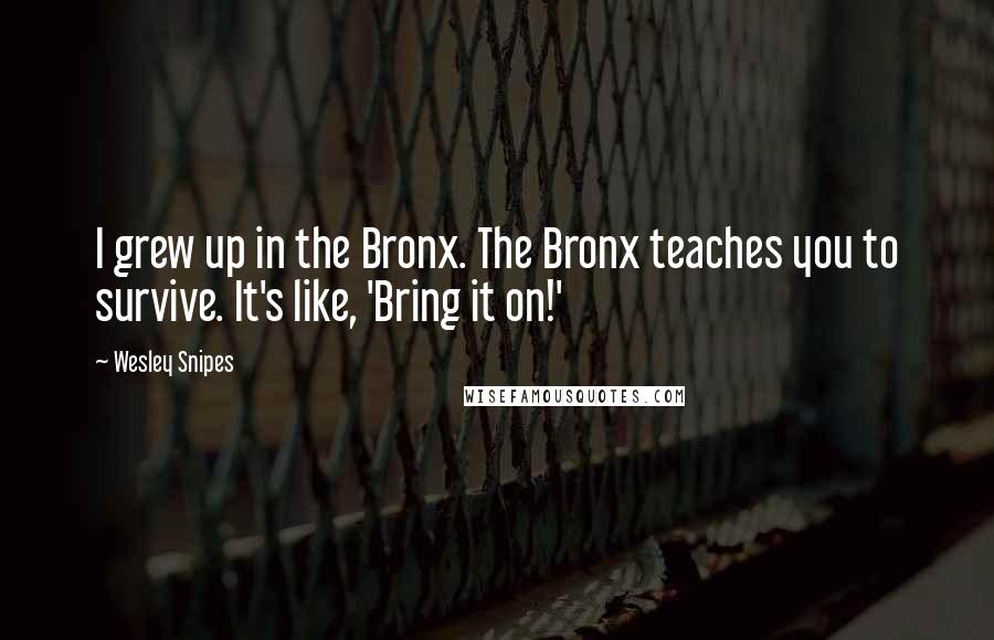 Wesley Snipes Quotes: I grew up in the Bronx. The Bronx teaches you to survive. It's like, 'Bring it on!'