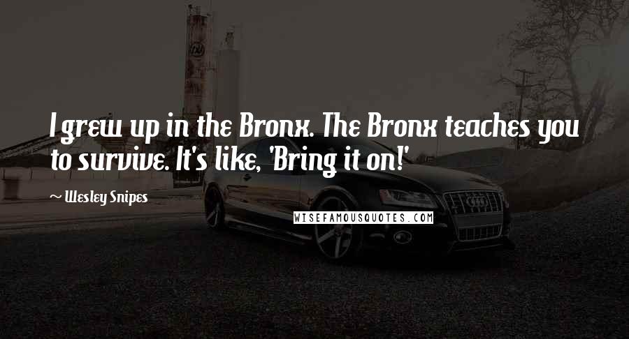 Wesley Snipes Quotes: I grew up in the Bronx. The Bronx teaches you to survive. It's like, 'Bring it on!'