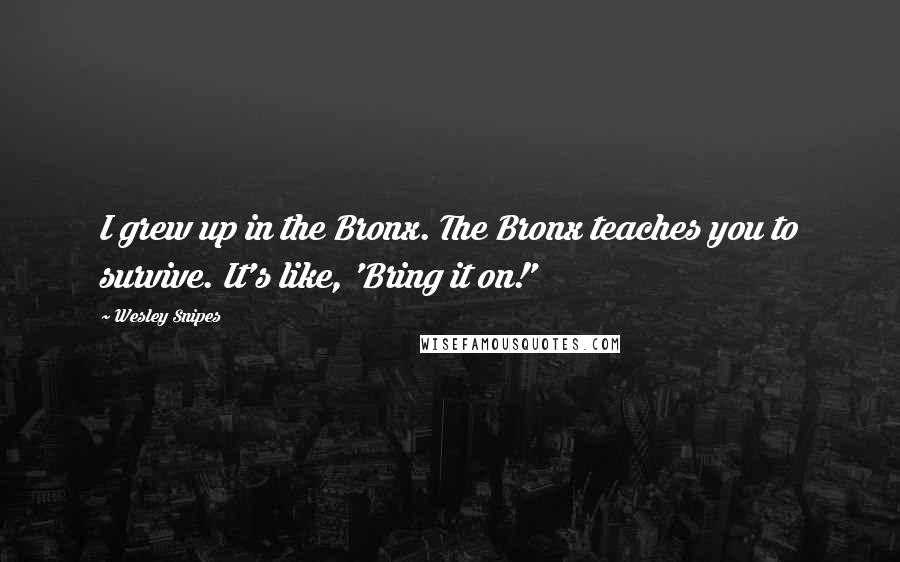 Wesley Snipes Quotes: I grew up in the Bronx. The Bronx teaches you to survive. It's like, 'Bring it on!'
