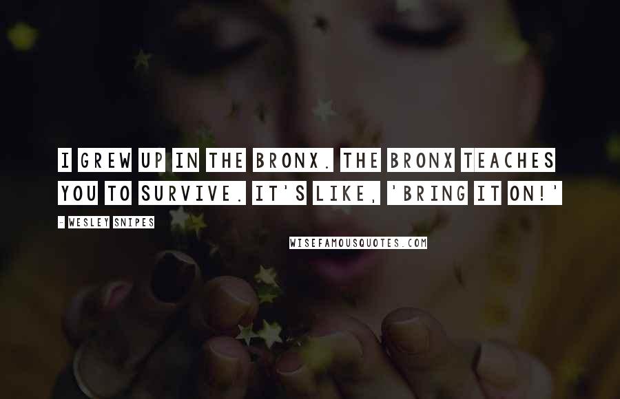 Wesley Snipes Quotes: I grew up in the Bronx. The Bronx teaches you to survive. It's like, 'Bring it on!'