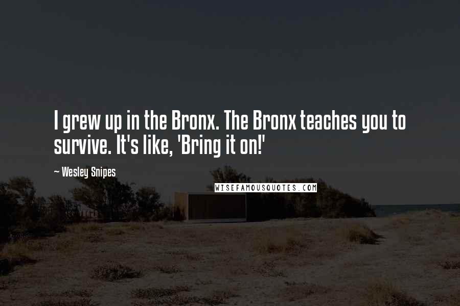 Wesley Snipes Quotes: I grew up in the Bronx. The Bronx teaches you to survive. It's like, 'Bring it on!'