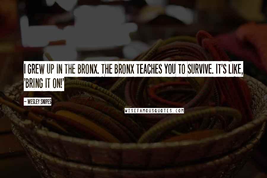 Wesley Snipes Quotes: I grew up in the Bronx. The Bronx teaches you to survive. It's like, 'Bring it on!'