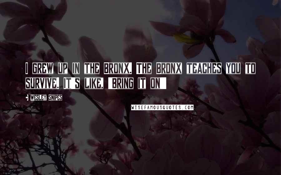 Wesley Snipes Quotes: I grew up in the Bronx. The Bronx teaches you to survive. It's like, 'Bring it on!'