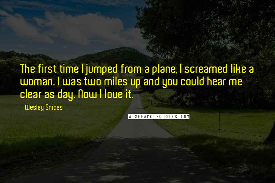 Wesley Snipes Quotes: The first time I jumped from a plane, I screamed like a woman. I was two miles up and you could hear me clear as day. Now I love it.