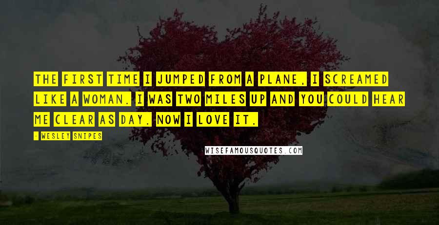 Wesley Snipes Quotes: The first time I jumped from a plane, I screamed like a woman. I was two miles up and you could hear me clear as day. Now I love it.