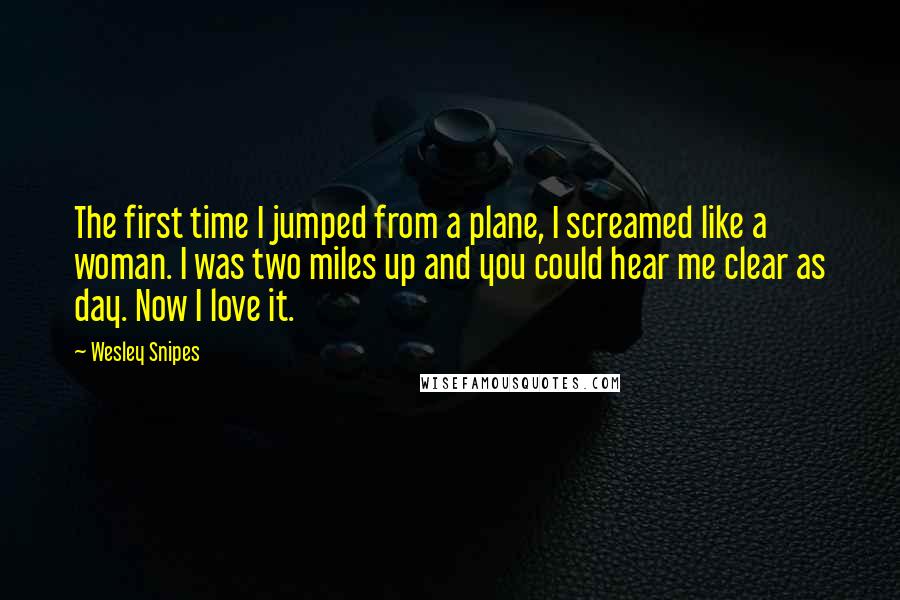 Wesley Snipes Quotes: The first time I jumped from a plane, I screamed like a woman. I was two miles up and you could hear me clear as day. Now I love it.