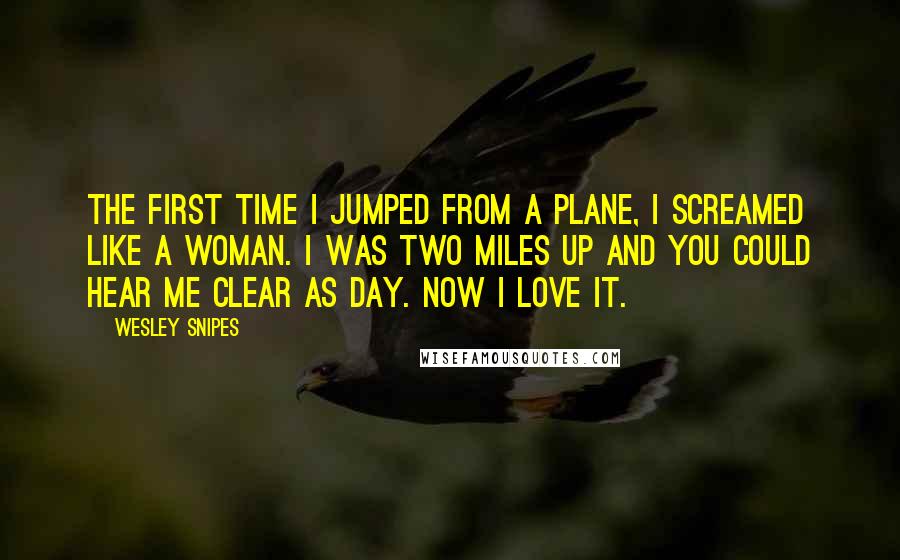 Wesley Snipes Quotes: The first time I jumped from a plane, I screamed like a woman. I was two miles up and you could hear me clear as day. Now I love it.