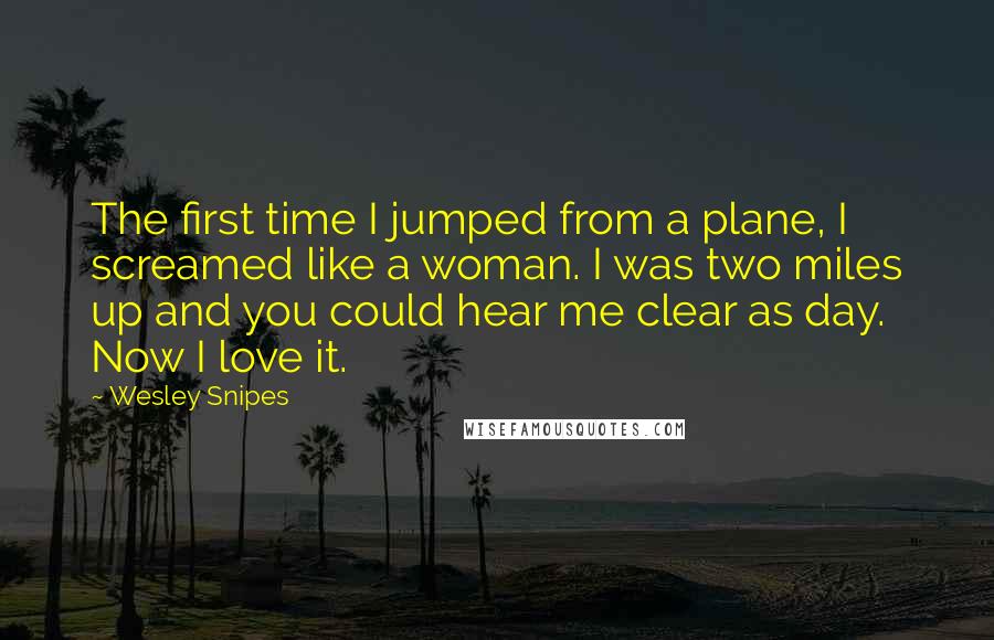 Wesley Snipes Quotes: The first time I jumped from a plane, I screamed like a woman. I was two miles up and you could hear me clear as day. Now I love it.