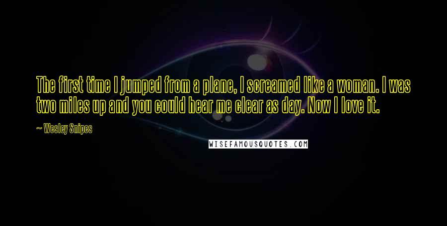 Wesley Snipes Quotes: The first time I jumped from a plane, I screamed like a woman. I was two miles up and you could hear me clear as day. Now I love it.