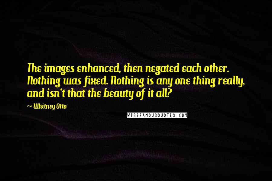 Whitney Otto Quotes: The images enhanced, then negated each other. Nothing was fixed. Nothing is any one thing really, and isn't that the beauty of it all?