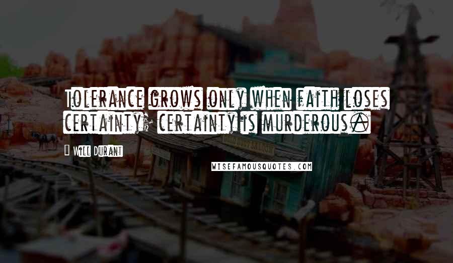 Will Durant Quotes: Tolerance grows only when faith loses certainty; certainty is murderous.