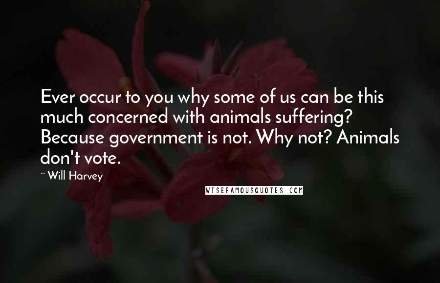 Will Harvey Quotes: Ever occur to you why some of us can be this much concerned with animals suffering? Because government is not. Why not? Animals don't vote.