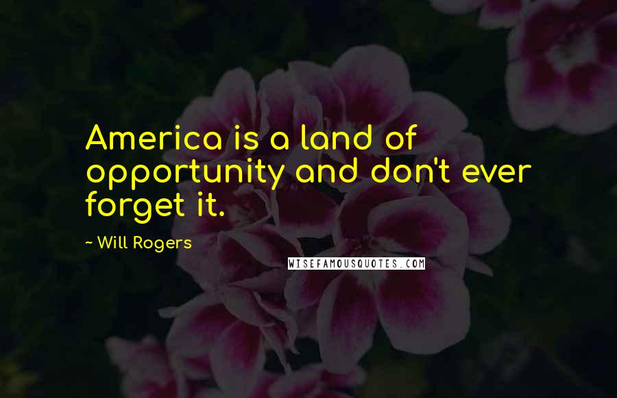 Will Rogers Quotes: America is a land of opportunity and don't ever forget it.