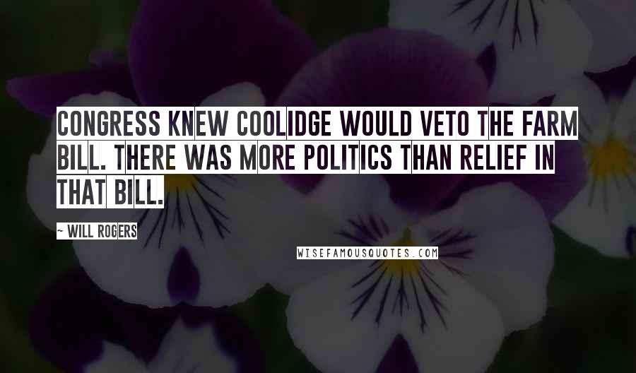 Will Rogers Quotes: Congress knew Coolidge would veto the farm bill. There was more politics than relief in that bill.