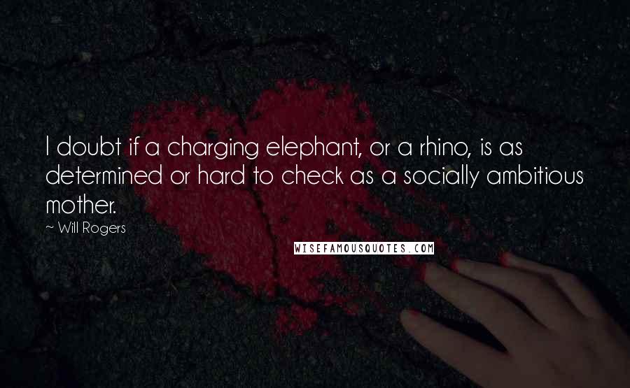 Will Rogers Quotes: I doubt if a charging elephant, or a rhino, is as determined or hard to check as a socially ambitious mother.