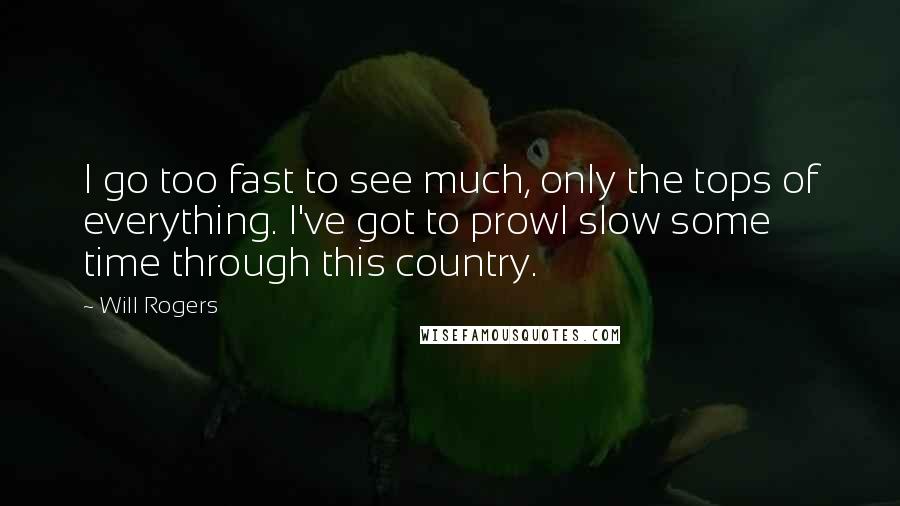 Will Rogers Quotes: I go too fast to see much, only the tops of everything. I've got to prowl slow some time through this country.