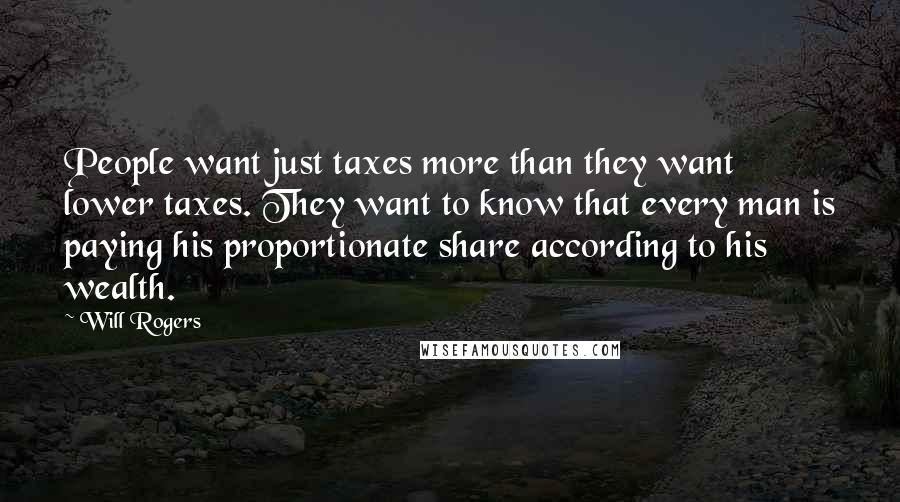 Will Rogers Quotes: People want just taxes more than they want lower taxes. They want to know that every man is paying his proportionate share according to his wealth.