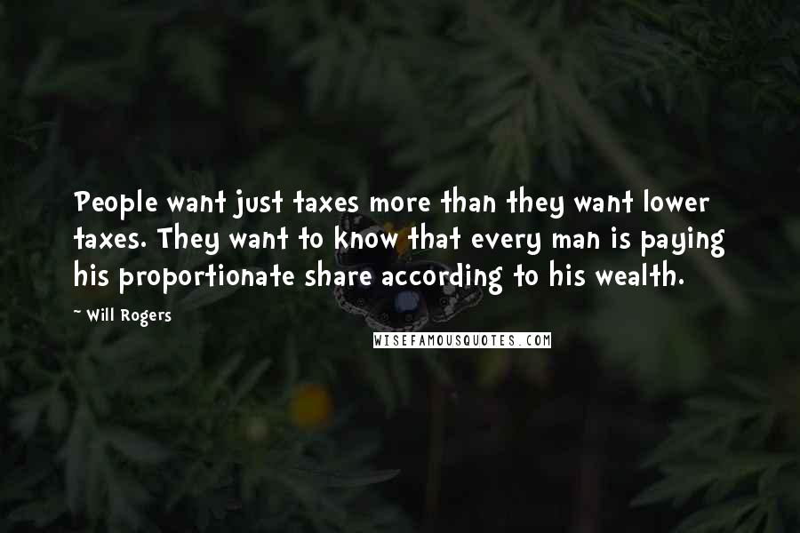 Will Rogers Quotes: People want just taxes more than they want lower taxes. They want to know that every man is paying his proportionate share according to his wealth.