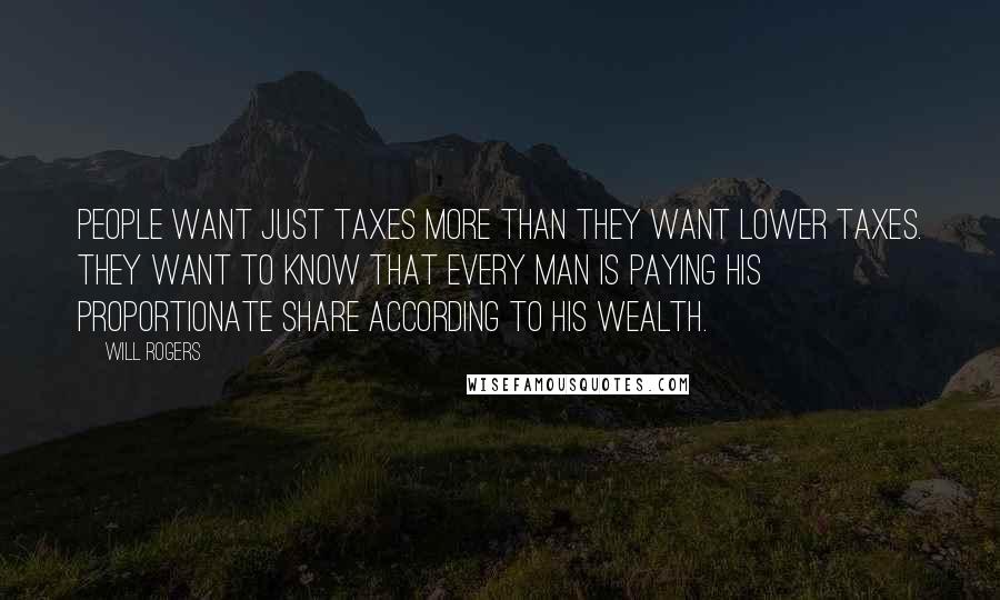 Will Rogers Quotes: People want just taxes more than they want lower taxes. They want to know that every man is paying his proportionate share according to his wealth.