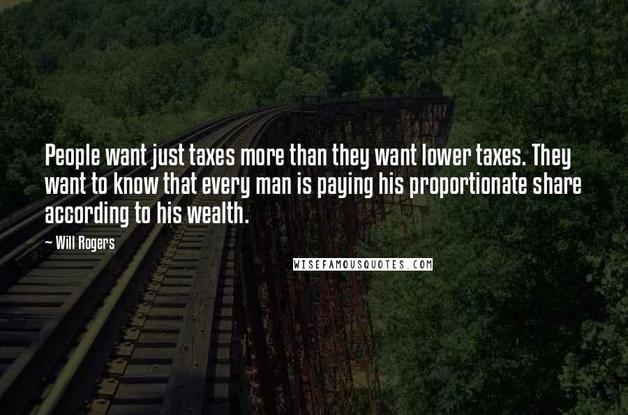 Will Rogers Quotes: People want just taxes more than they want lower taxes. They want to know that every man is paying his proportionate share according to his wealth.