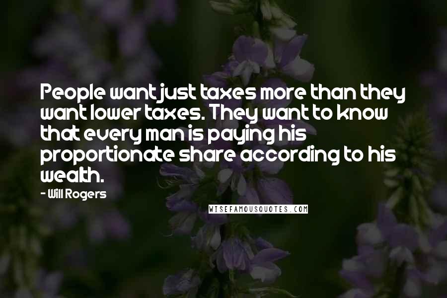 Will Rogers Quotes: People want just taxes more than they want lower taxes. They want to know that every man is paying his proportionate share according to his wealth.