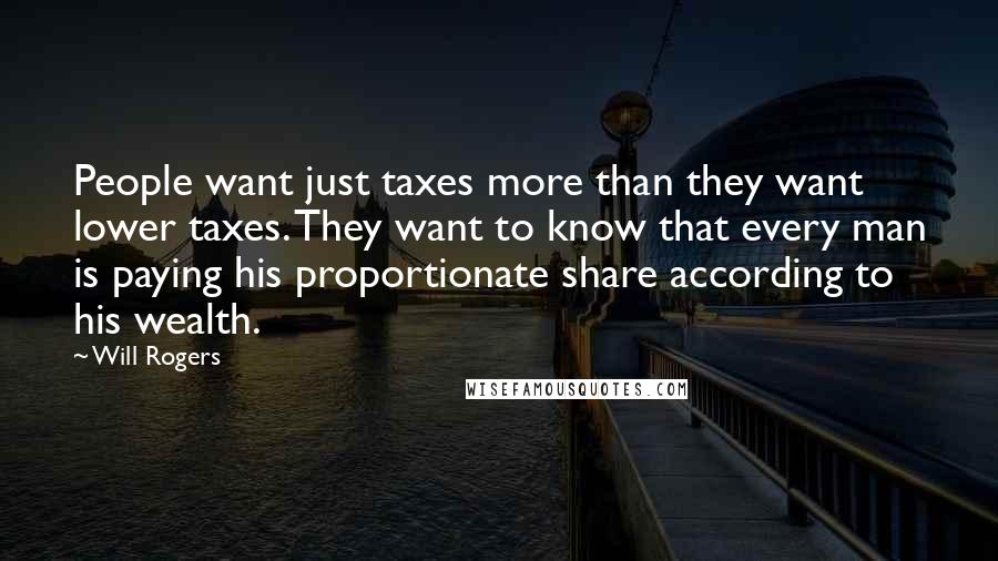 Will Rogers Quotes: People want just taxes more than they want lower taxes. They want to know that every man is paying his proportionate share according to his wealth.